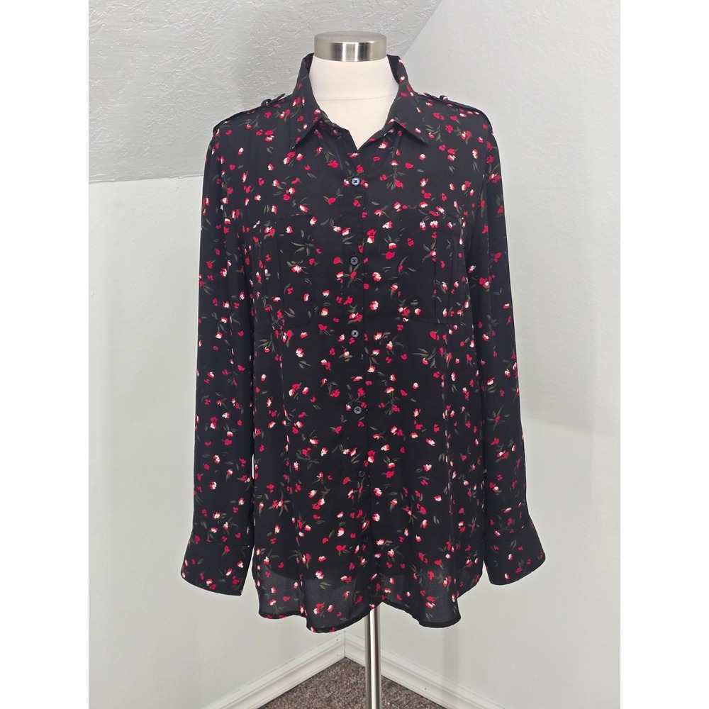 Banana Republic Blouse Women XL Black Floral Button Down Epaulet Chiffon Career